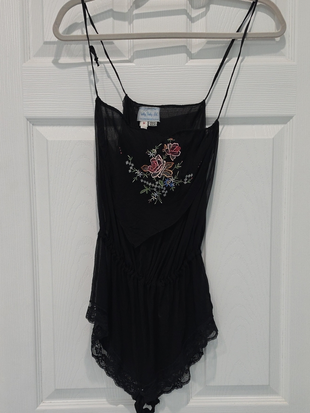 Vintage Black Silk Lingerie Romper  with Floral Embroidery